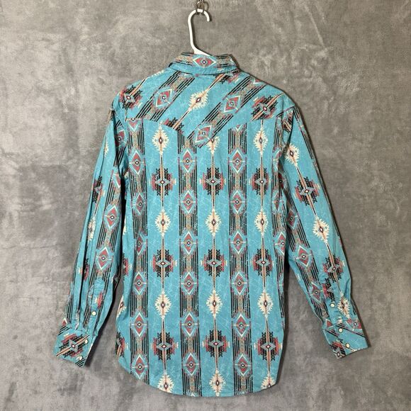 Rock & Roll Cowboy Shirt M Blue Aztec Pearl Snap Front Modern Fit Long Sleeve - Picture 4 of 9